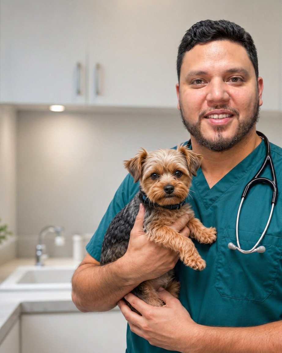 Dr. Paulo Abbade, médico veterinário cirurgião, segurando um paciente canino no consultório